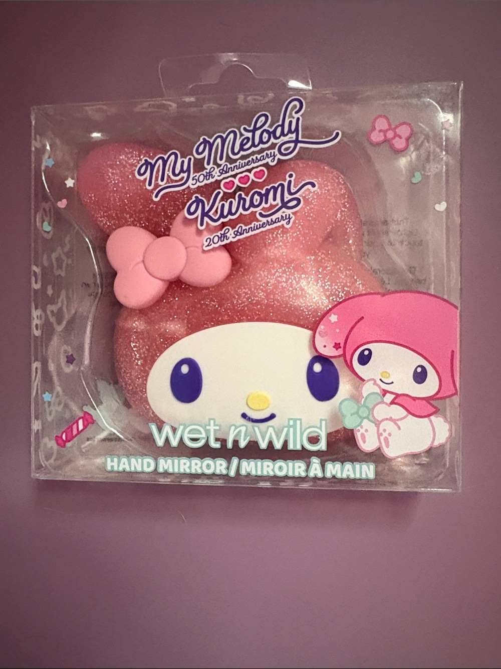 wet n wild My Melody Kuromi Pink Glitter Hand Mirror with Bow